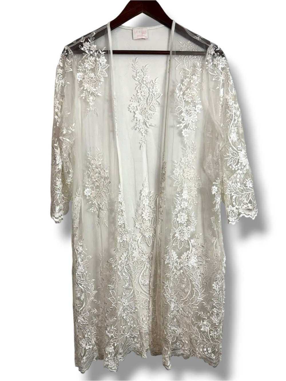 Le Rose Bridal Robe White Sheer Lace Floral Embroidered Sequin Midi Length M/L